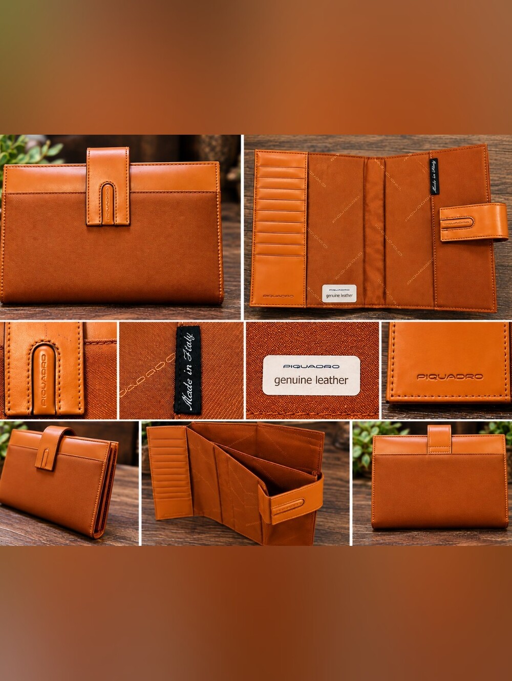 Italian Piquadro organizer wallet/document holder in a rich cognac/caramel brown